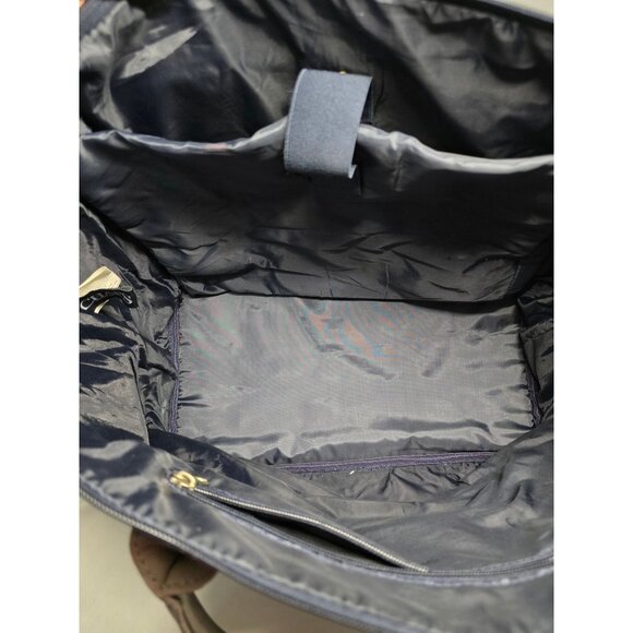 Chaps Navy Blue Floral Tote Bag With Brown Handles & Zipper Closure - Picture 9 of 16